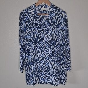 Chico's Linen Womens Tunic Button Shirt 3/4 Sleeve Blue White Abstract Size  XL